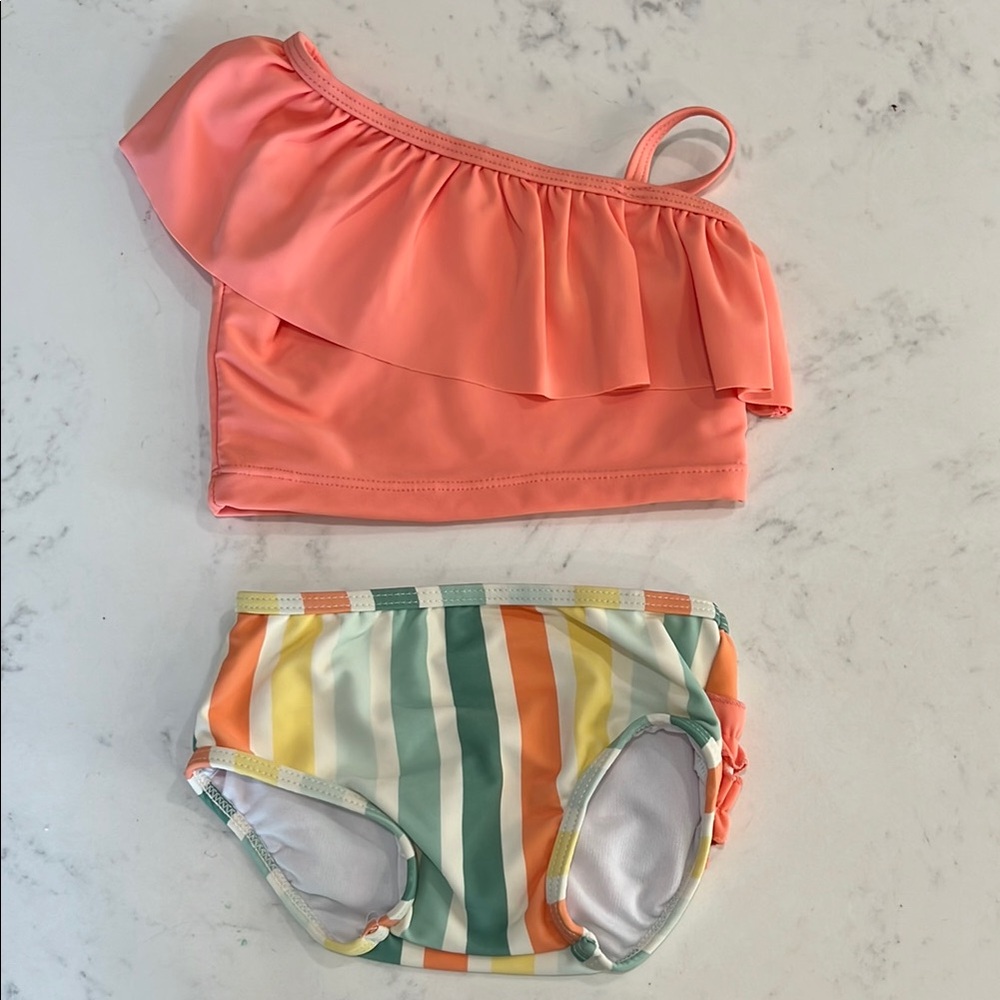 Ruffle Butts One-Shoulder Ruffle Baby Swimsuit - Coral and Striped, 6-12 months